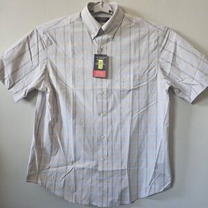 Roundtree Yorke Travel Smart Shirt Mens Large Beige Blue Plaid Short Sleeve
